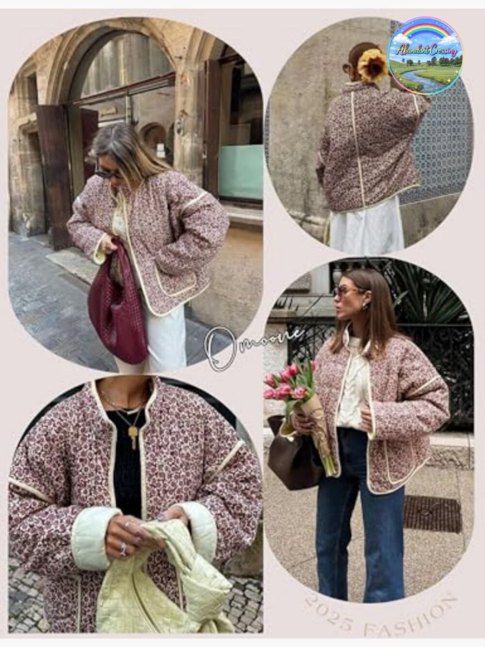 Cropped Quilted Jacket Floral Print Lightweight Padded Puffer Cardigan Coat - Picture 4 of 7